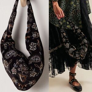 FREE PEOPLE Nashville Nights Beaded Sequin Velvet Shoulder Bag In Black NWT